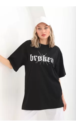 Luz&Pos Unisex Baskılı Oversize T-shirt - Siyah