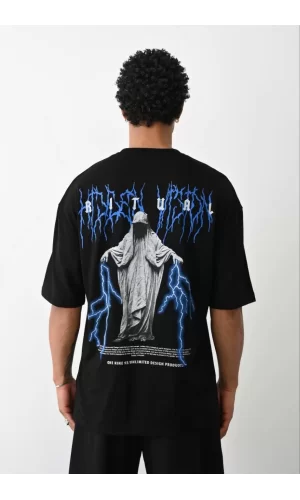Luz&Pos Unisex Baskılı Oversize T-shirt - Siyah