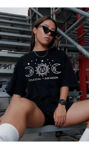 Unisex Baskılı Oversize T-Shirt - Siyah