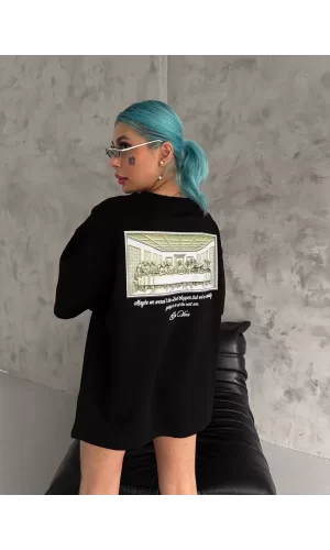 Luz&Pos Unisex Baskılı Oversize T-shirt - Siyah