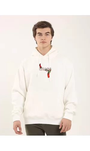 Luz&Pos Unisex Baskılı Oversize Üç İplik Kapüşonlu Sweatshirt - Beyaz