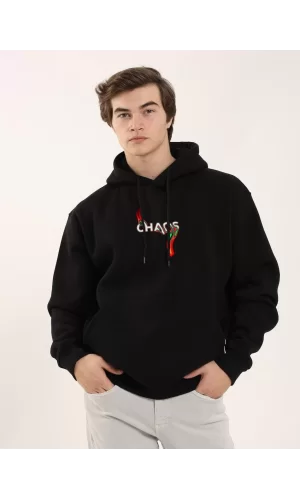 Luz&Pos Unisex Baskılı Oversize Üç İplik Kapüşonlu Sweatshirt - Siyah