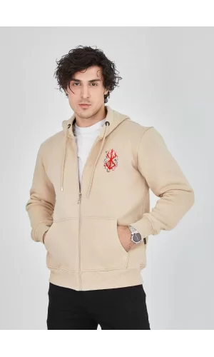 Luz&Pos Unisex Baskılı Tam Fermuarlı Kapşonlu Sweatshirt - Bej