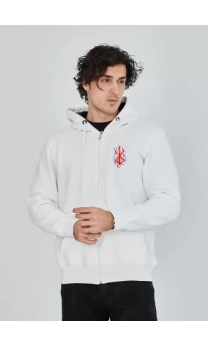 Luz&Pos Unisex Baskılı Tam Fermuarlı Kapşonlu Sweatshirt - Beyaz