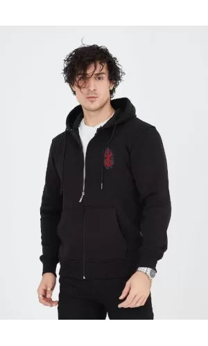 Luz&Pos Unisex Baskılı Tam Fermuarlı Kapşonlu Sweatshirt - Siyah