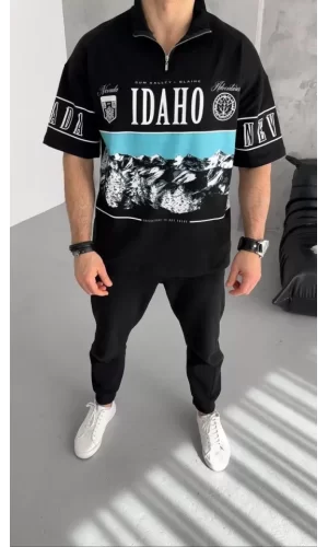 Unisex Baskılı Yarım Fermuarlı T-Shirt - Siyah