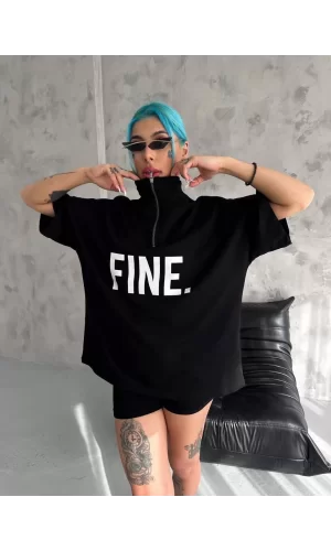 Luz&Pos Unisex Baskılı Yarım Fermuarlı T-shirt - Siyah