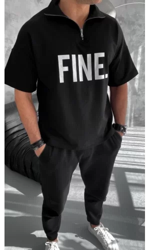 Luz&Pos Unisex Baskılı Yarım Fermuarlı T-shirt - Siyah