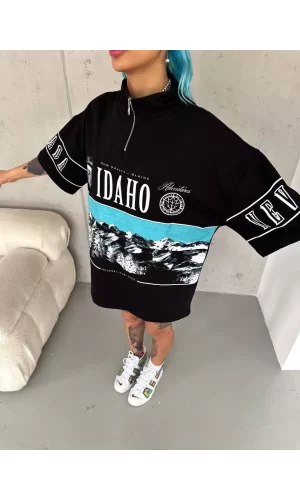 Luz&Pos Unisex Baskılı Yarım Fermuarlı T-shirt - Siyah