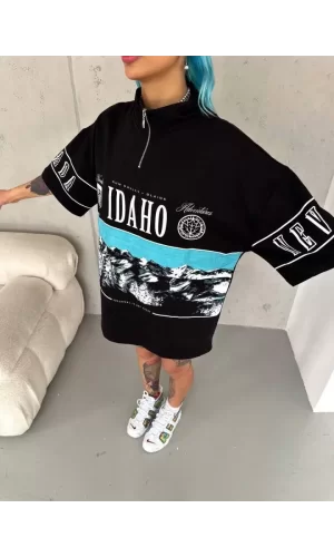 Unisex Baskılı Yarım Fermuarlı T-Shirt - Siyah