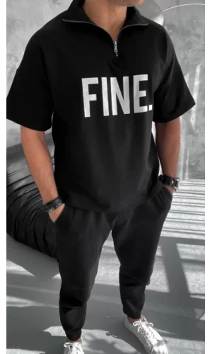 Unisex Baskılı Yarım Fermuarlı T-Shirt - Siyah