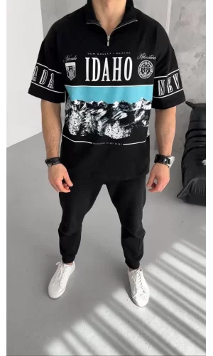 Luz&Pos Unisex Baskılı Yarım Fermuarlı T-shirt - Siyah