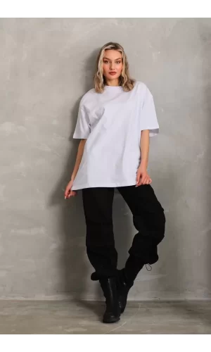 Luz&Pos Unisex Bisiklet Yaka 20/1 Düz Oversize T-shirt - Beyaz