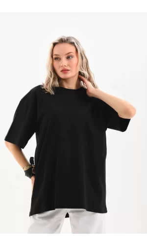 Luz&Pos Unisex Bisiklet Yaka 20/1 Düz Oversize T-shirt - Siyah