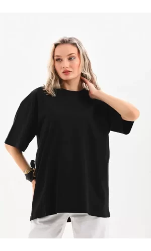 Unisex Bisiklet Yaka 20/1 Düz Oversize T-Shirt - Siyah