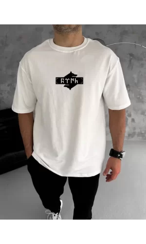 Unisex Bisiklet Yaka Baskılı Double Oversize T-Shirt - Beyaz