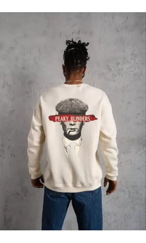 Luz&Pos Unisex Bisiklet Yaka Baskılı Oversize Sweatshirt - Beyaz