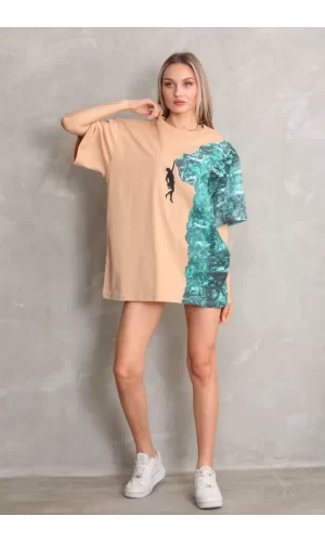Luz&Pos Unisex Bisiklet Yaka Baskılı Oversize T-shirt - Bej