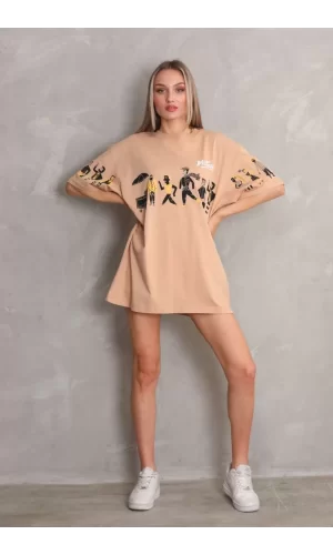 Luz&Pos Unisex Bisiklet Yaka Baskılı Oversize T-shirt - Bej