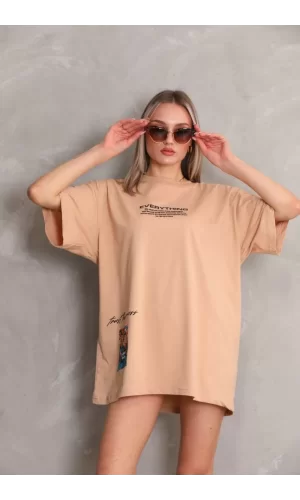 Luz&Pos Unisex Bisiklet Yaka Baskılı Oversize T-shirt - Bej