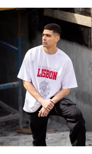 Luz&Pos Unisex Bisiklet Yaka Baskılı Oversize T-shirt - Beyaz