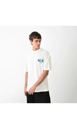 Luz&Pos Unisex Bisiklet Yaka Baskılı Oversize T-shirt - Beyaz
