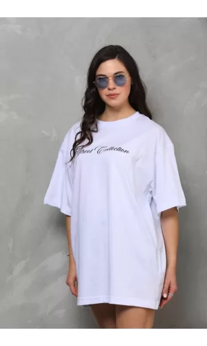 Luz&Pos Unisex Bisiklet Yaka Baskılı Oversize T-shirt - Beyaz