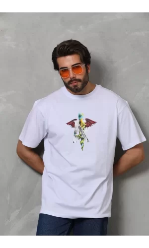 Luz&Pos Unisex Bisiklet Yaka Baskılı Oversize T-shirt - Beyaz