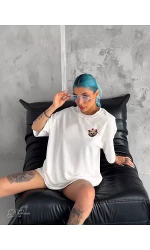 Luz&Pos Unisex Bisiklet Yaka Baskılı Oversize T-shirt - Beyaz