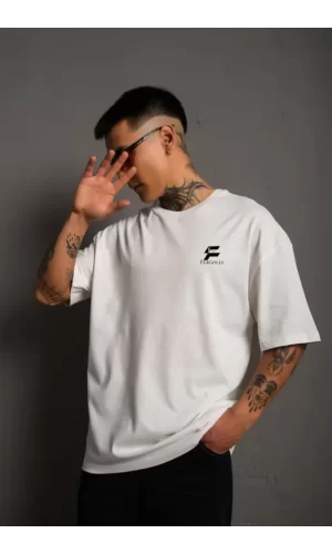 Unisex Bisiklet Yaka Baskılı Oversize T-Shirt - Beyaz