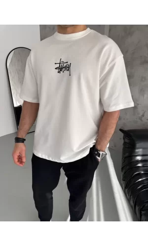Unisex Bisiklet Yaka Baskılı Oversize T-Shirt - Beyaz
