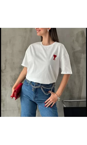 Luz&Pos Unisex Bisiklet Yaka Baskılı Oversize T-shirt - Beyaz