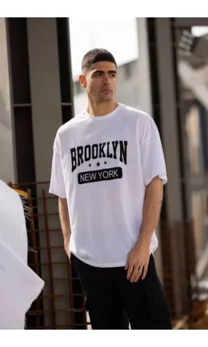 Unisex Bisiklet Yaka Baskılı Oversize T-Shirt - Beyaz