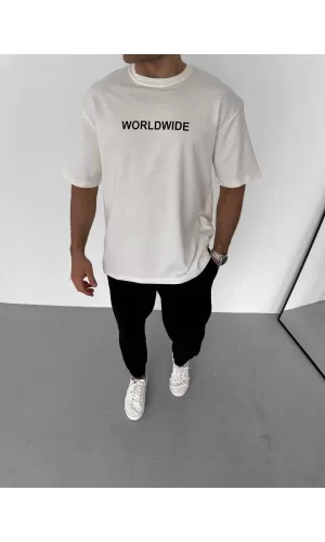 Luz&Pos Unisex Bisiklet Yaka Baskılı Oversize T-shirt - Beyaz
