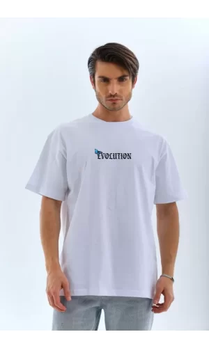 Unisex Bisiklet Yaka Baskılı Oversize T-Shirt - Beyaz