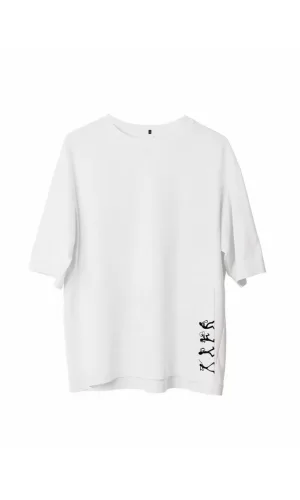 Unisex Bisiklet Yaka Baskılı Oversize T-Shirt - Beyaz