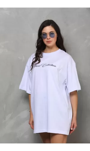 Unisex Bisiklet Yaka Baskılı Oversize T-Shirt - Beyaz