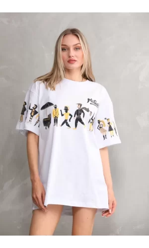 Luz&Pos Unisex Bisiklet Yaka Baskılı Oversize T-shirt - Beyaz