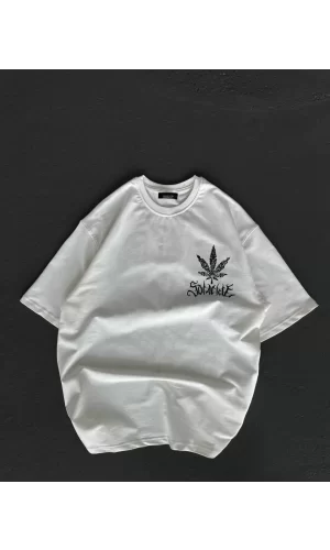 Luz&Pos Unisex Bisiklet Yaka Baskılı Oversize T-shirt - Beyaz
