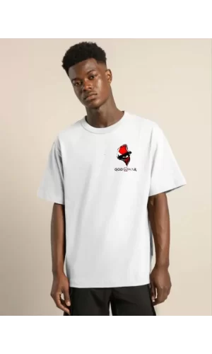 Unisex Bisiklet Yaka Baskılı Oversize T-Shirt - Beyaz