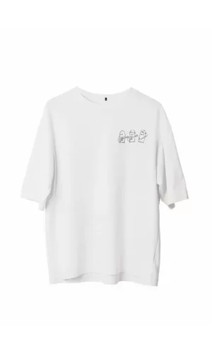 Unisex Bisiklet Yaka Baskılı Oversize T-Shirt - Beyaz