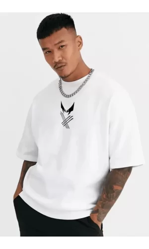 Unisex Bisiklet Yaka Baskılı Oversize T-Shirt - Beyaz
