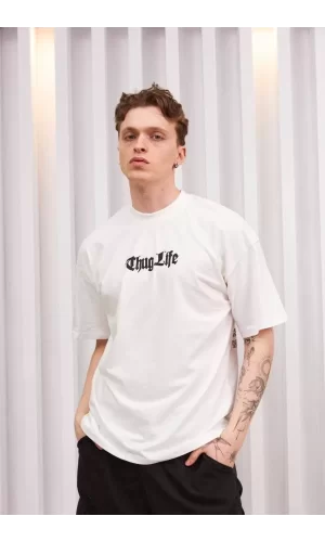 Luz&Pos Unisex Bisiklet Yaka Baskılı Oversize T-shirt - Beyaz