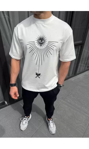 Luz&Pos Unisex Bisiklet Yaka Baskılı Oversize T-shirt - Beyaz