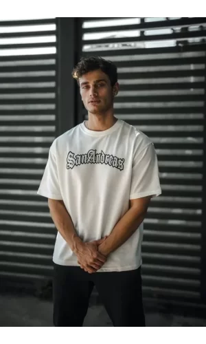 Unisex Bisiklet Yaka Baskılı Oversize T-Shirt - Beyaz