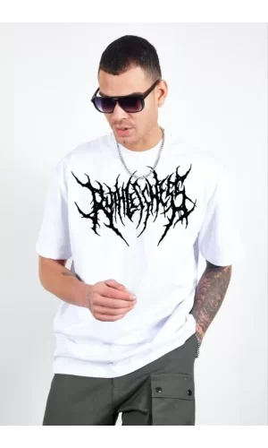 Unisex Bisiklet Yaka Baskılı Oversize T-Shirt - Beyaz