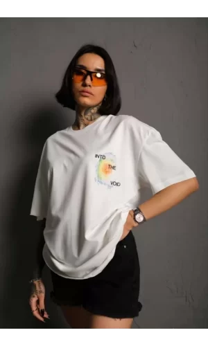 Luz&Pos Unisex Bisiklet Yaka Baskılı Oversize T-shirt - Beyaz