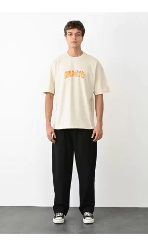 Luz&Pos Unisex Bisiklet Yaka Baskılı Oversize T-shirt - Beyaz