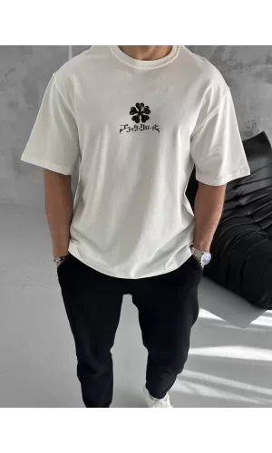 Luz&Pos Unisex Bisiklet Yaka Baskılı Oversize T-shirt - Beyaz