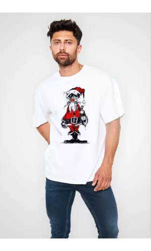 Unisex Bisiklet Yaka Baskılı Oversize T-Shirt - Beyaz